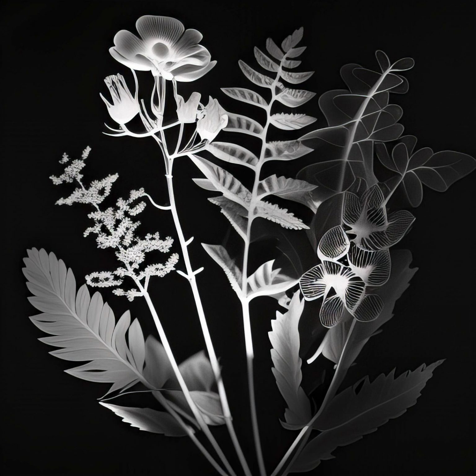 Schwarz-weiß Fotogramm mit verschiedenen Pflanzenmotiven auf schwarzem Hintergrund. Zu sehen sind unterschiedliche Blätter, Farnwedel und Blüten, die in feinen, durchscheinenden Strukturen dargestellt sind. Manche Blütenblätter wirken fast wie filigrane Röntgenaufnahmen, sodass ihre inneren Adern und Linien sichtbar werden. Die Komposition erinnert an einen zarten Strauß, der leuchtend hell aus der Dunkelheit hervortritt.