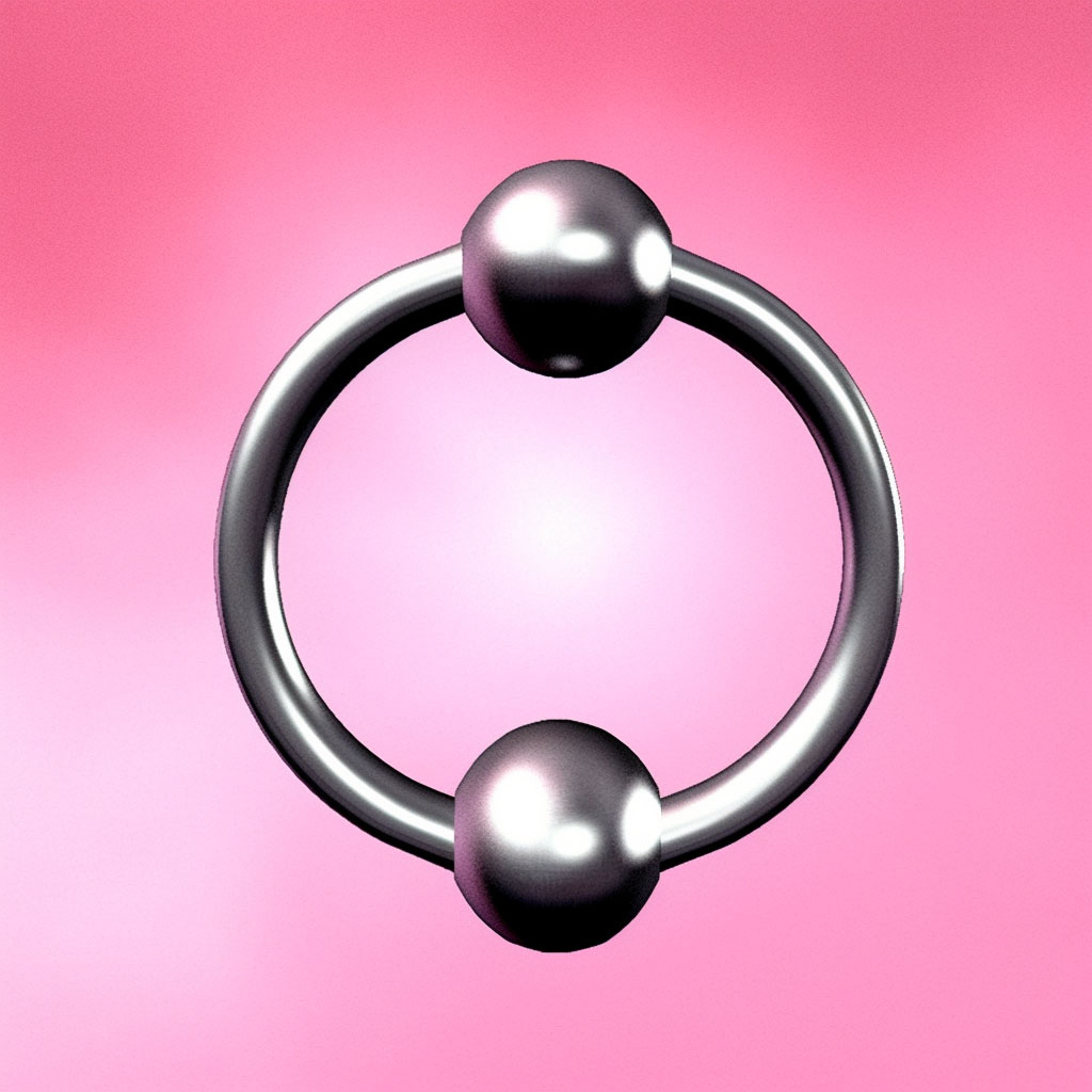 Das Bild zeigt einen runden, silberfarbenen Ring mit zwei metallisch glänzenden Kugeln, die sich gegenüberliegen. Die Oberfläche reflektiert das Licht, wodurch die Kugeln plastisch hervortreten. Der Ring schwebt vor einem weichen rosa Hintergrund, der in der Mitte heller leuchtet und zu den Rändern hin dunkler wird. Die Komposition wirkt minimalistisch und zugleich futuristisch.