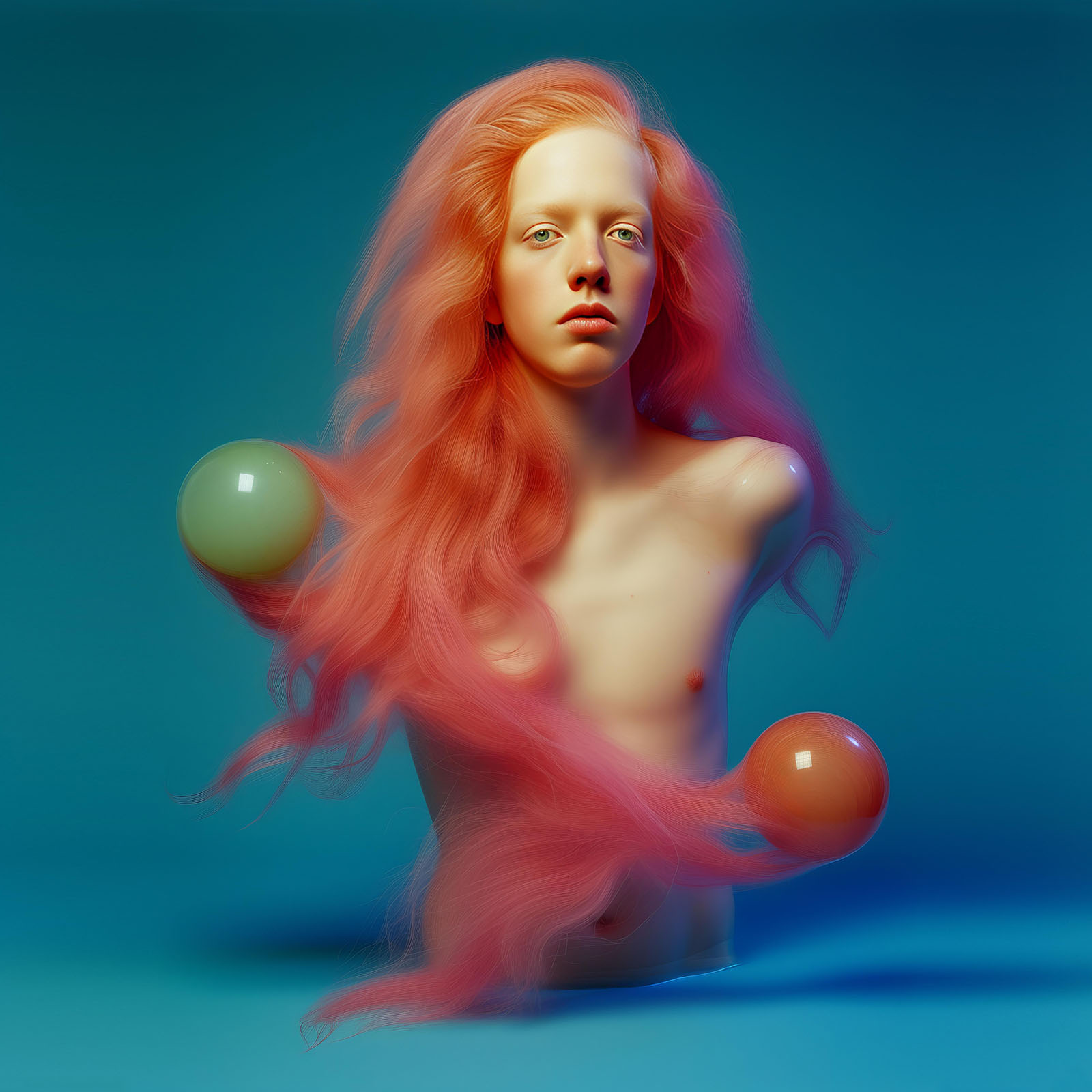 Digitale, surreal wirkende Darstellung eines androgynen Oberkörpers mit blasser Haut. Die Figur hat lange, fließende, rosafarbene Haare, die sich wie Rauch oder Wellen im Raum ausbreiten. In den Haarsträhnen sind zwei glänzende Kugeln eingeflochten, eine grünlich schimmernd, die andere orange. Der Hintergrund ist in einem sanften Türkisblau gehalten und verstärkt die traumartige, fast schwebende Wirkung des Motivs.