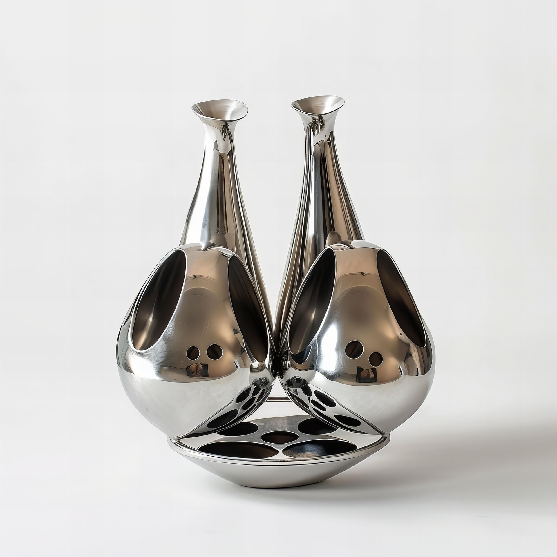Glänzendes, silberfarbenes Objekt mit futuristischem Design. Zwei tropfenförmige Körper mit runden Öffnungen an den Seiten gehen nach oben in schlanke, trichterartige Hälse über. Beide Formen sind auf einer gemeinsamen Basis befestigt, die ebenfalls mit runden Aussparungen versehen ist. Die Oberfläche ist hochpoliert und spiegelt die Umgebung.