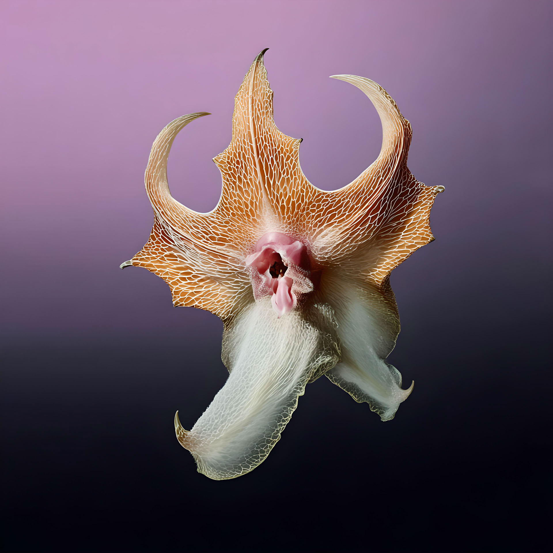 Zentral platzierte, symmetrische, organisch-abstrakte Blütenform mit zwei hornartig geschwungenen Ausläufern, fein punktierter Oberfläche und weich gefalteten, blattartigen Strukturen in Beige- und Rosétönen vor einem sanften violett-blauen Farbverlauf.